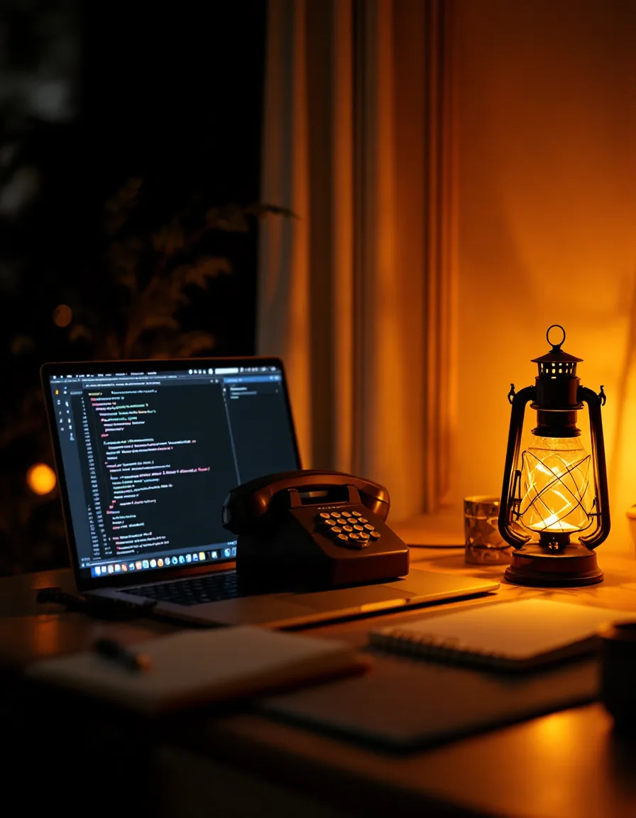 A desk with a phone, a laptop open to a string file and a small glowing lantern