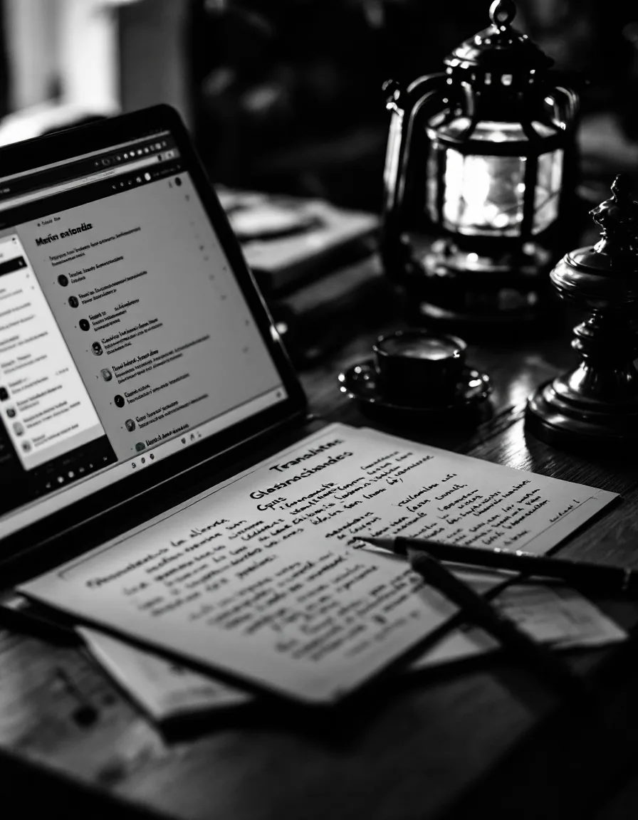 A translator’s desk with a marked-up app screen, glossary cards and a lit lantern